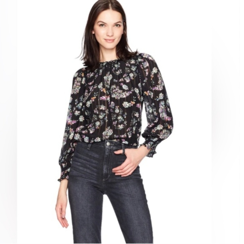 Rebecca Taylor Jewel Paisley Dark Floral Long Sleeve Black Silk Blouse Top